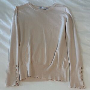 Zara Soft Blush Long Sleeve Crewneck Sweater with Button Cuffs
